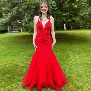 AMARRA Red Lace Mermaid Prom Gown